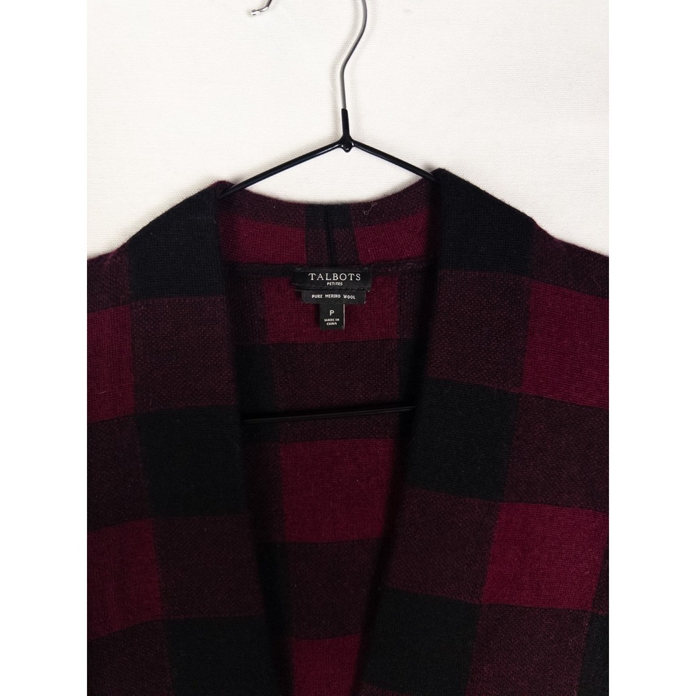 Talbots Merino Wool Cardigan Womens P Black Red Tartan Open Front Casual Knit - Picture 2 of 6